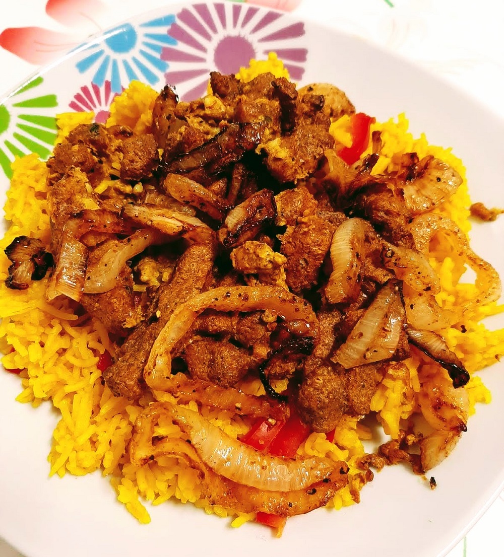Soya Biryani with Crispy Onions
