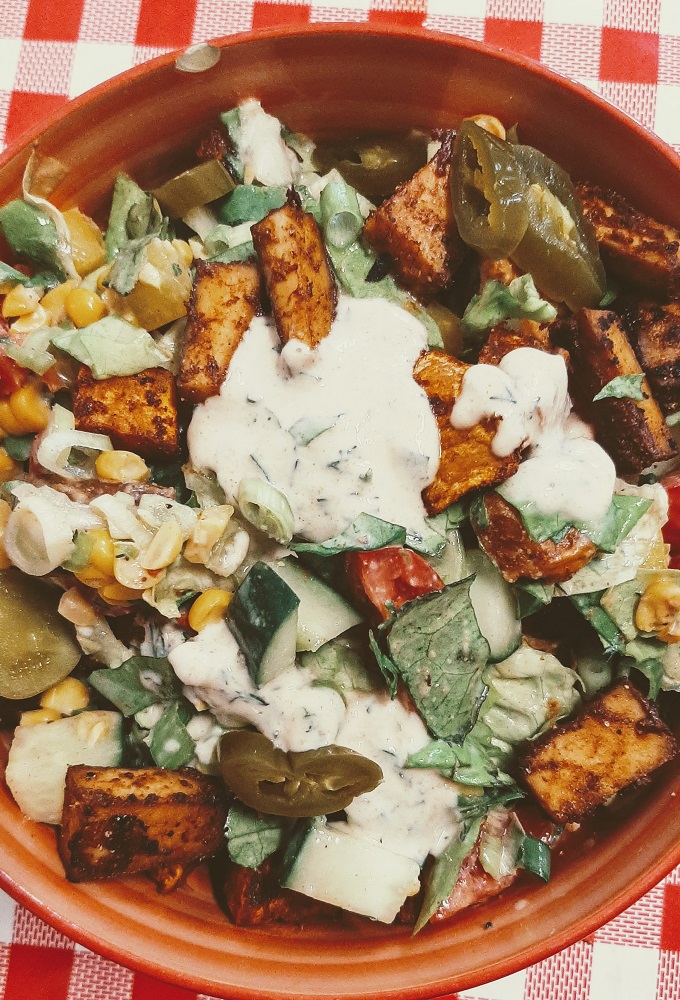 Smoked tofu and corn vegan salad with homemade vegan salad dressing