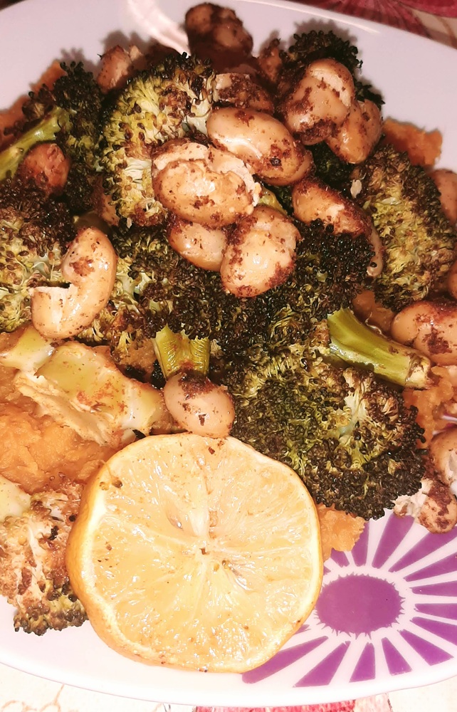 Plant Based Vegan Recipes ~ Miso Sweet Potatoes, Lemon Broccoli & Spiced Butter&nbsp;Beans