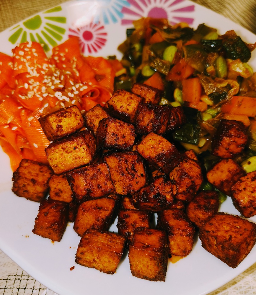 Tofu, Carrot Sesame Noodles & Edamame Leek Salad ~ Tasty Vegan Dinners